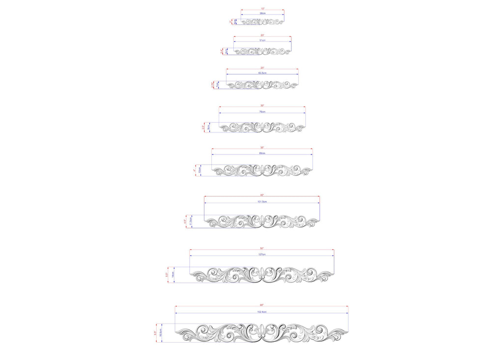 a series of decorative designs, each with its own unique pattern and size. The designs are arranged in a vertical column, providing a clear visual representation of the different styles and dimensions.