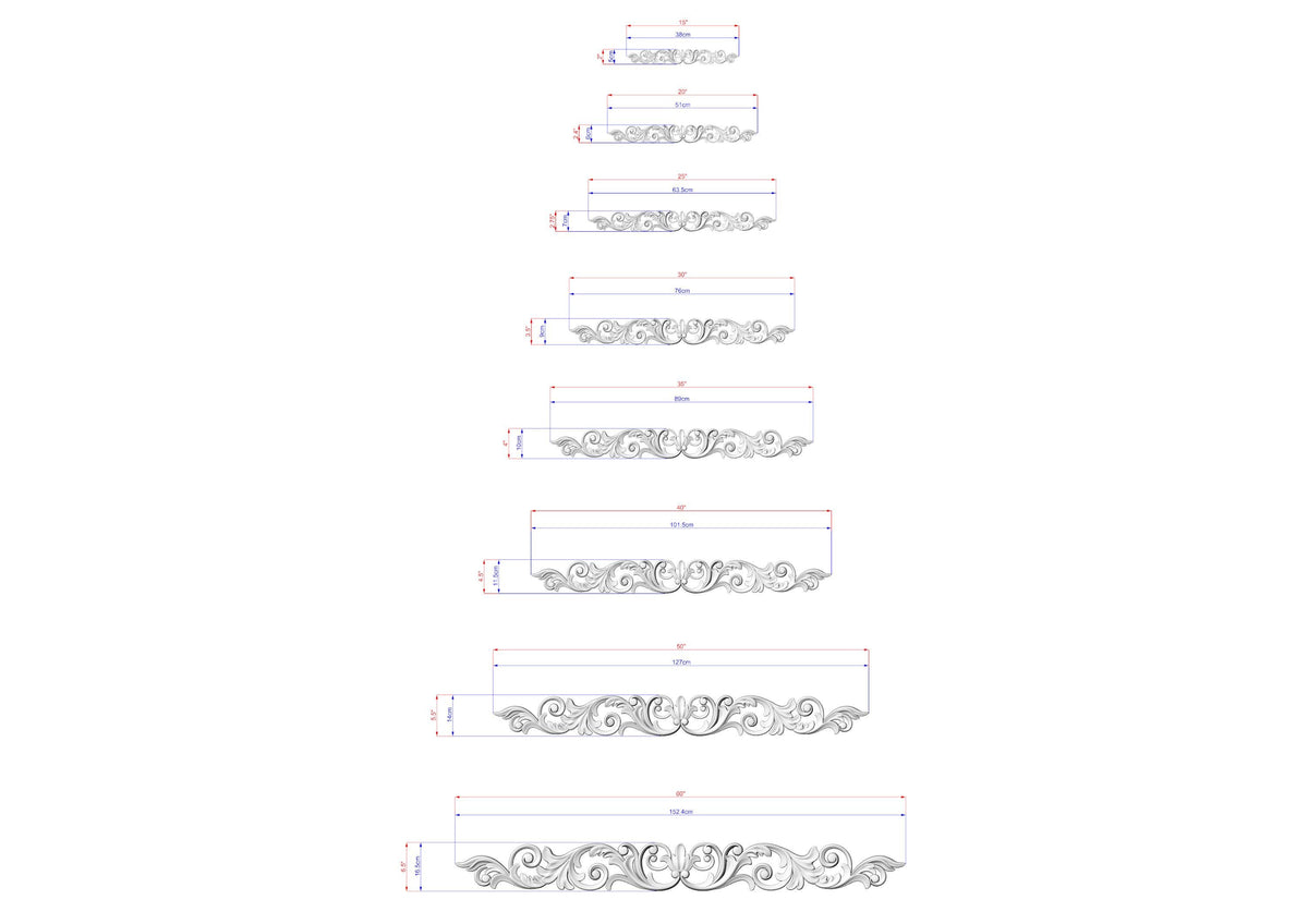 a series of decorative designs, each with its own unique pattern and size. The designs are arranged in a vertical column, providing a clear visual representation of the different styles and dimensions.