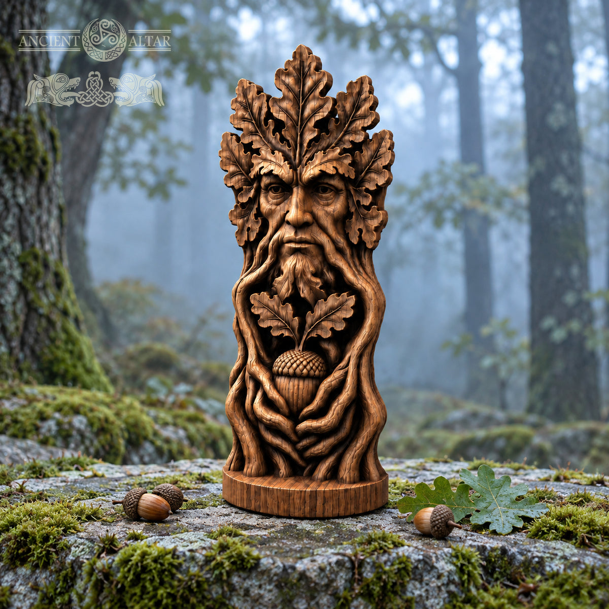 A wooden sculpture of a face with leaves and an acorn, placed on a mossy rock in a forest setting.
