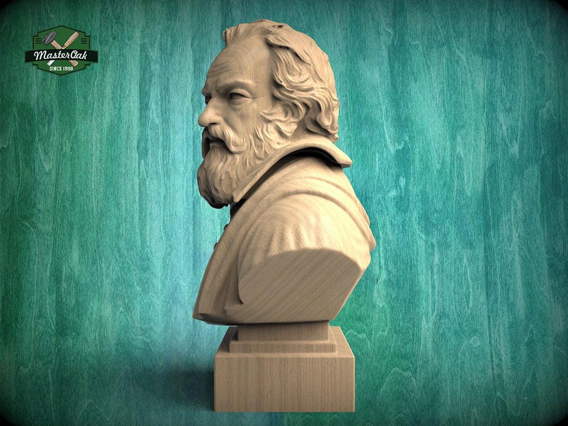 Galileo Galilei Bust, Hand-Finished Wood Sculpture | Astronomy & Science Decor