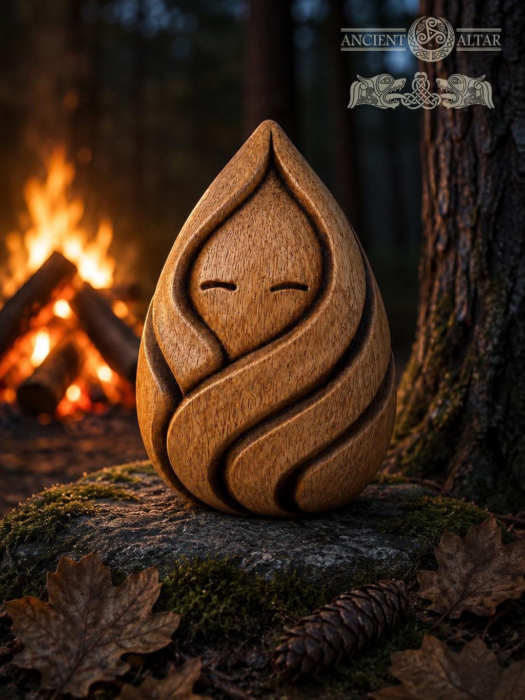 Forest Flame Spirit Figurine, Carved Oak Fire Guardian, Woodland Spirit Statue, Cozy Hearth Decor, Fantasy Nature Gift