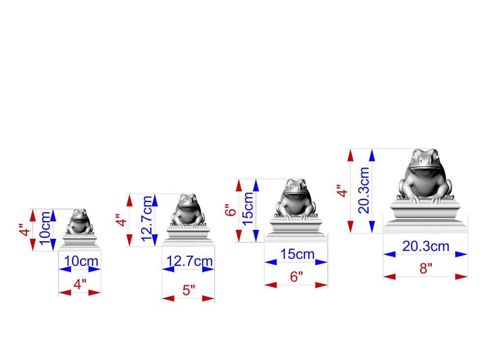 five frog statues of varying sizes, each with a corresponding measurement scale. The statues are arranged in a row, with the largest statue on the left and the smallest on the right. The measurements are provided in centimeters, with the largest statue being 20.3 cm and the smallest being 8 cm.
