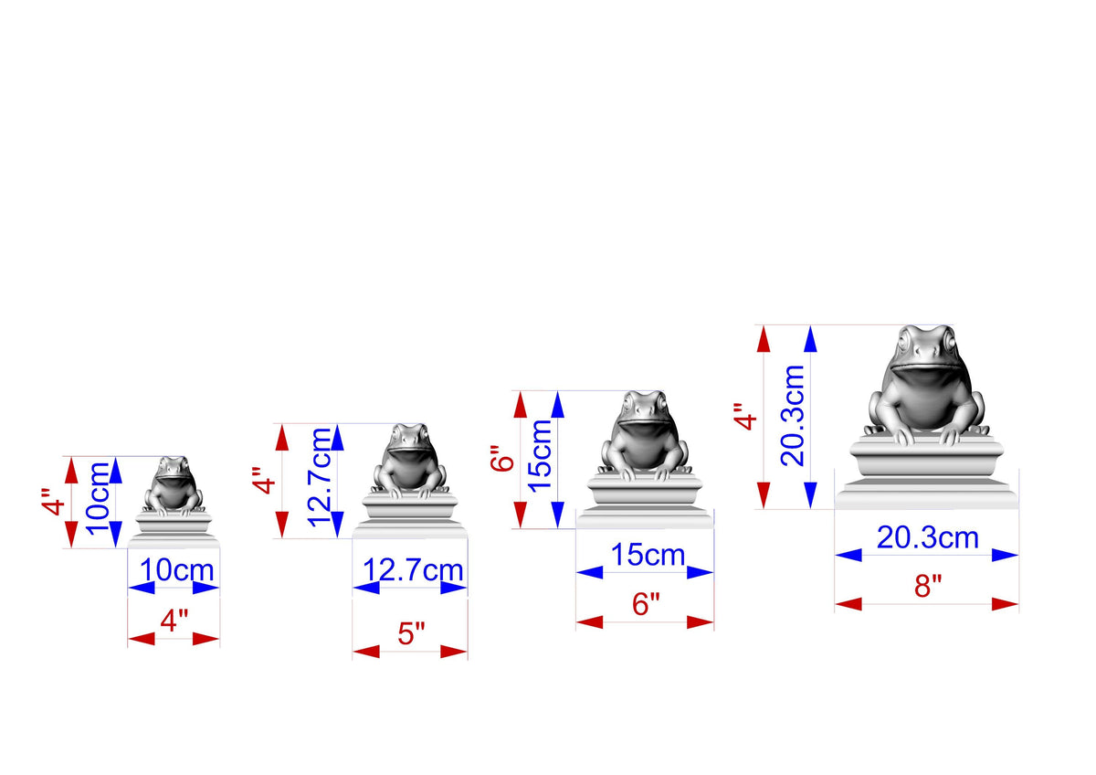 five frog statues of varying sizes, each with a corresponding measurement scale. The statues are arranged in a row, with the largest statue on the left and the smallest on the right. The measurements are provided in centimeters, with the largest statue being 20.3 cm and the smallest being 8 cm.