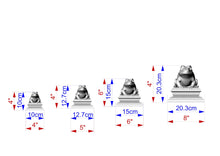 Load image into Gallery viewer, five frog statues of varying sizes, each with a corresponding measurement scale. The statues are arranged in a row, with the largest statue on the left and the smallest on the right. The measurements are provided in centimeters, with the largest statue being 20.3 cm and the smallest being 8 cm.
