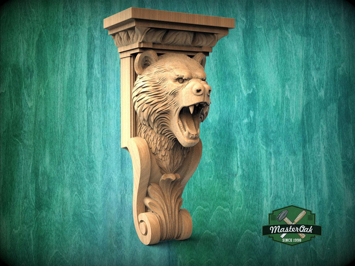 Roaring Bear Support Bracket– Rustic Wood Corbel for Mantel or Cabinet