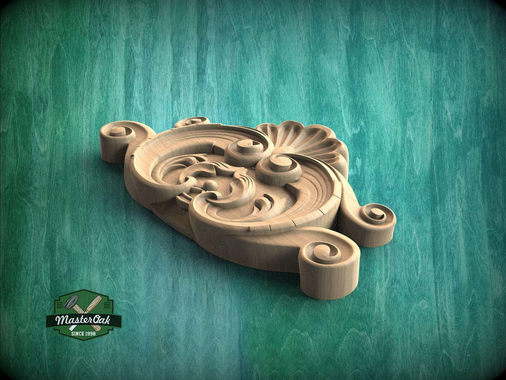 A wooden carving with intricate scrollwork and floral designs is displayed against a green background.