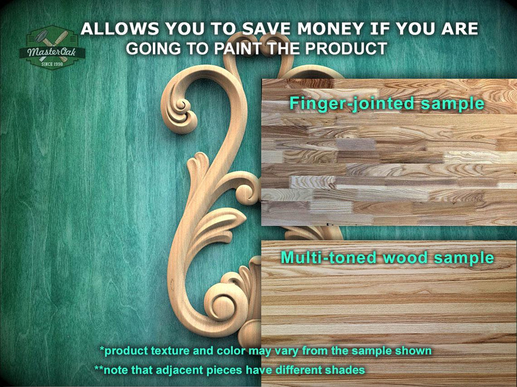 The image is a promotional advertisement for Master Oak Paint, featuring a wooden sample of a product with a green background. The text on the image provides information about the product, including the ability to save money by painting the product, a finger-jointed sample, and a multi-toned wood sample. The text also mentions that the product texture and color may vary from the sample shown and that adjacent pieces have different shades.