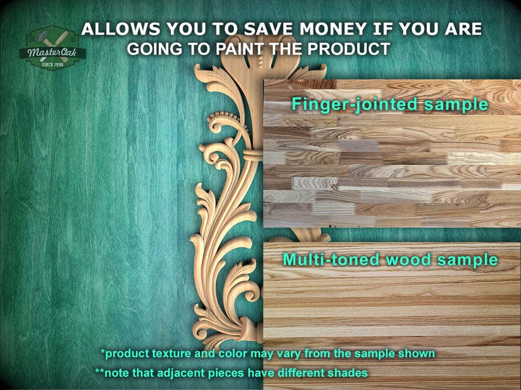 The image is a promotional image for Master Oak Paint, showcasing a variety of wood samples. It features a wooden panel with a decorative design, a finger-jointed sample, and a multi-toned wood sample. The text on the image provides information about the paint product, including that it allows for savings if the product is painted, and that the product texture and color may vary from the sample shown. The image also mentions that adjacent pieces have different shades.