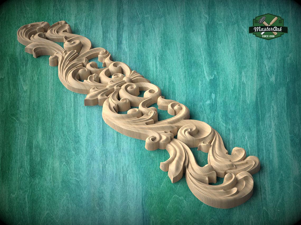 A decorative wooden carving with intricate scrollwork and floral patterns is displayed against a teal background.
