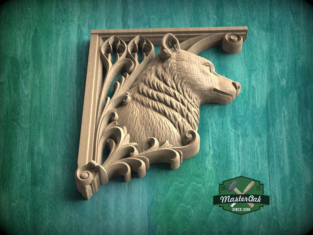 Carved Wood Bear Corner Onlays, Mirrored Pair with Gothic Scrollwork