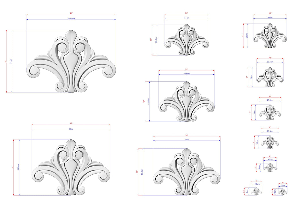a collection of stylized, decorative designs or patterns, each accompanied by a set of measurements in centimeters. The designs are in various sizes and orientations, creating a visually interesting and diverse collection.
