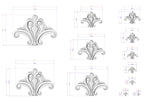 a collection of stylized, decorative designs or patterns, each accompanied by a set of measurements in centimeters. The designs are in various sizes and orientations, creating a visually interesting and diverse collection.