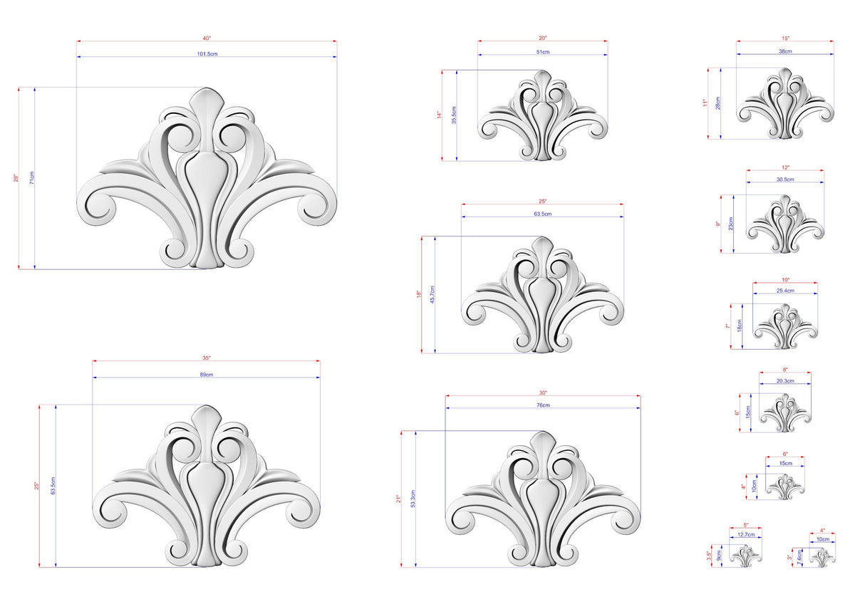 a collection of stylized, decorative designs or patterns, each accompanied by a set of measurements in centimeters. The designs are in various sizes and orientations, creating a visually interesting and diverse collection.