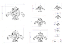 Load image into Gallery viewer, a collection of stylized, decorative designs or patterns, each accompanied by a set of measurements in centimeters. The designs are in various sizes and orientations, creating a visually interesting and diverse collection.
