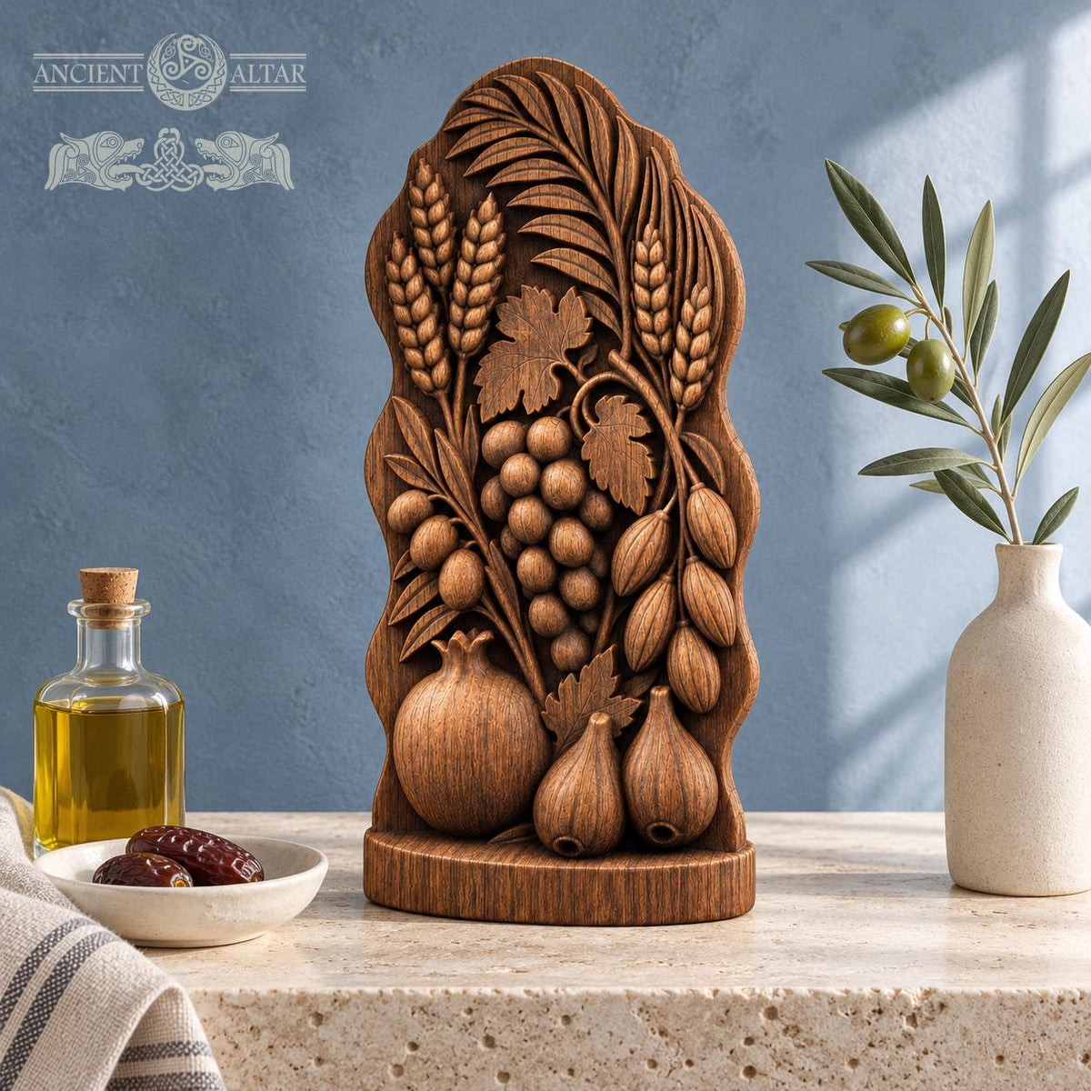 Seven Species Oak Wood Sculpture, Grapes Pomegranate and Fig Relief, Botanical Judaica Decor, Jewish Housewarming Gift