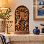 Lions and Tablets Judaica Sculpture, Solid Oak Ten Commandments Decor, Star of David and Crown, Jewish Housewarming Gift