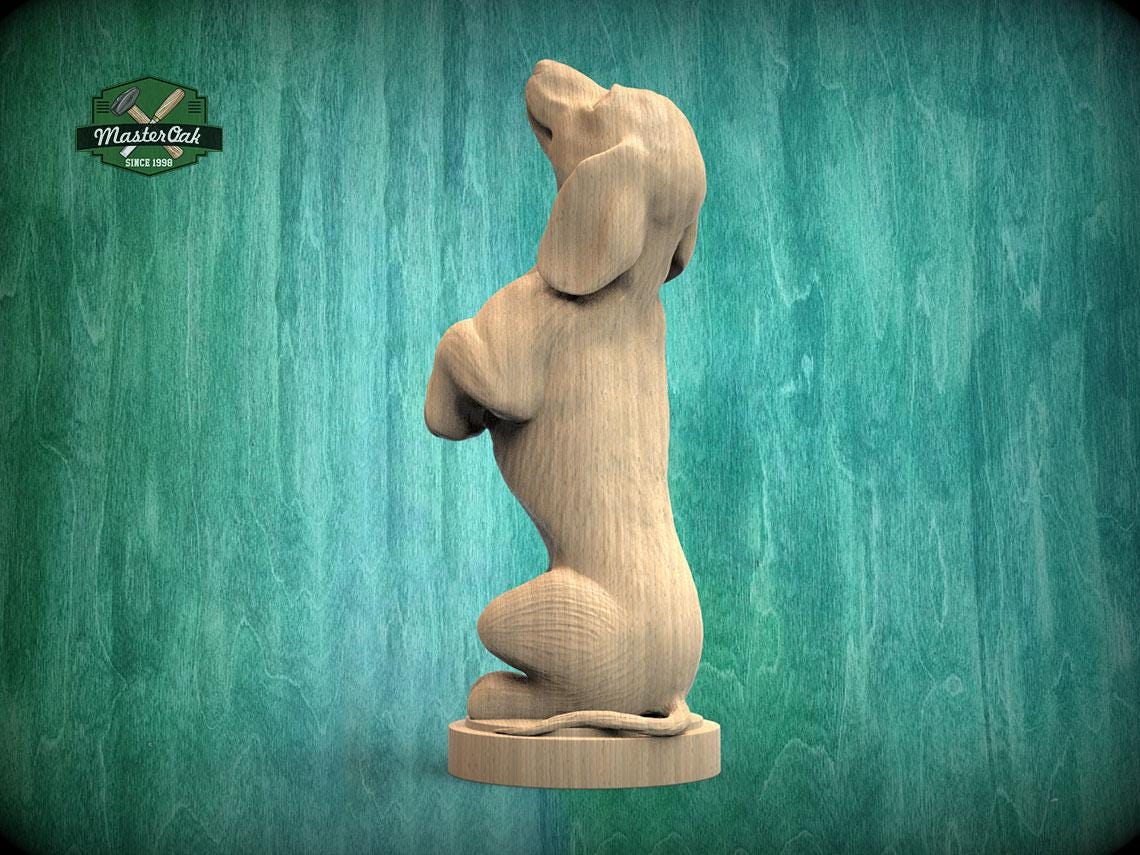 A wooden sculpture of a dog sitting upright on its hind legs, positioned against a green background.