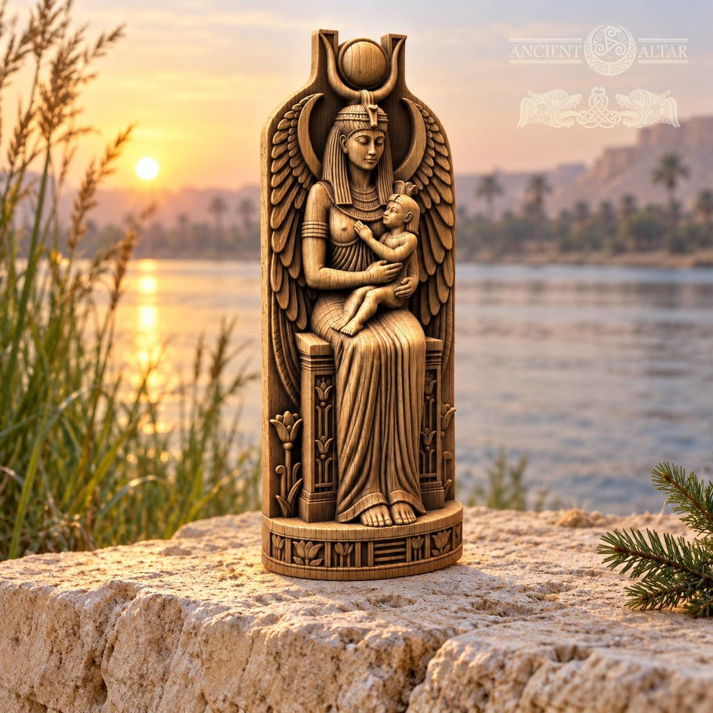 Isis and Horus Figurine, Egyptian Mother and Child Statue, Oak Wood Altar Decor, Seated Goddess Sculpture, Kemetic Gift