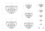 a collection of various sizes of ornate, decorative designs or patterns, likely representing a collection of images or a series of images. The designs are in a silver color and appear to be intricate and detailed. The image does not contain any text or specific information about the content or context of the images.