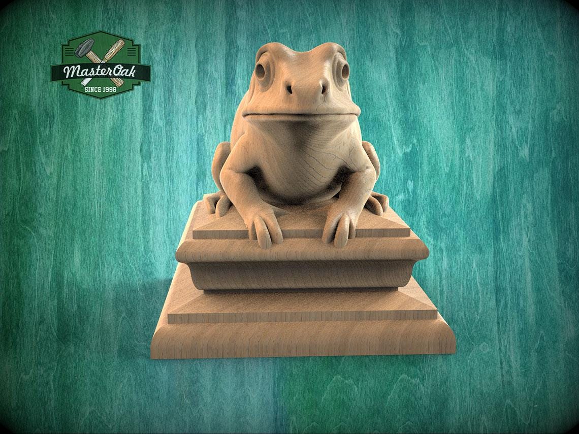 A wooden frog statue sitting on a wooden pedestal against a green background.