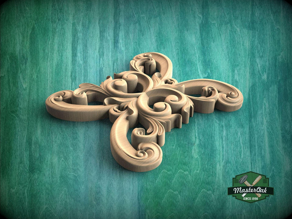 A decorative wooden carving in the shape of a stylized flower or plant, with intricate swirls and curves, is displayed against a green background.