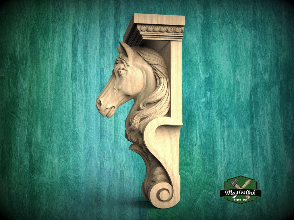 A carved wooden horse head mounted on a wall, with a green background.