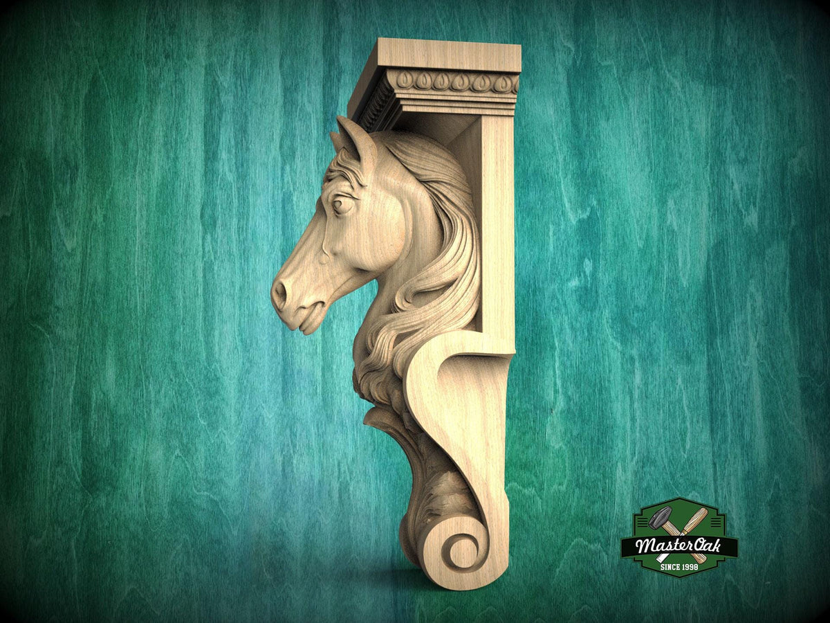 A carved wooden horse head mounted on a wall, with a green background.