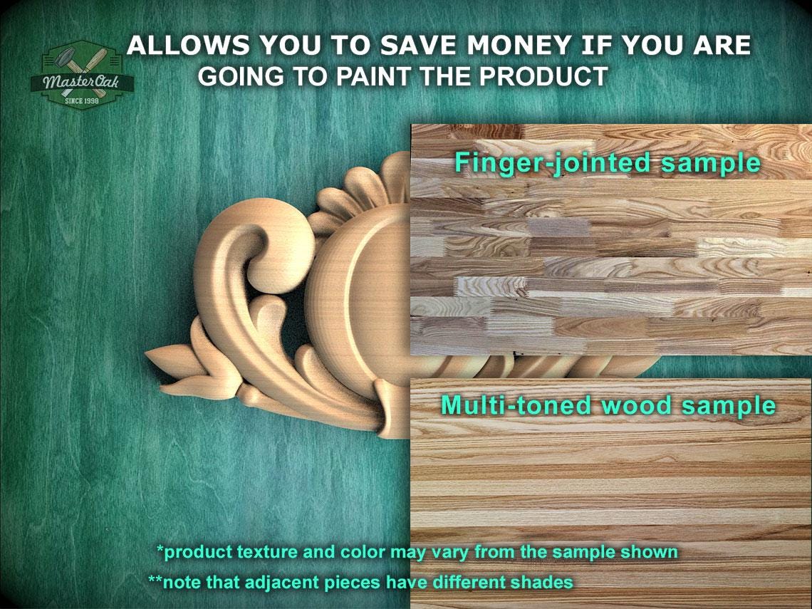 The image is a promotional advertisement for Master Oak, a company that specializes in painting products. It features a close-up of a wooden panel with a decorative design, along with a sample of the product. The text on the image provides information about the product, including the cost savings of painting the product and the different textures and colors available.