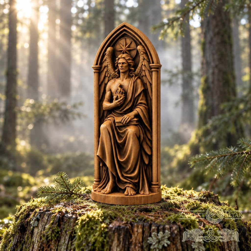 Lucifer Light Bearer Statue, Winged Torch Holder in Solid Oak, Morning Star Sculpture, Gothic Altar Decor, Occult Gift