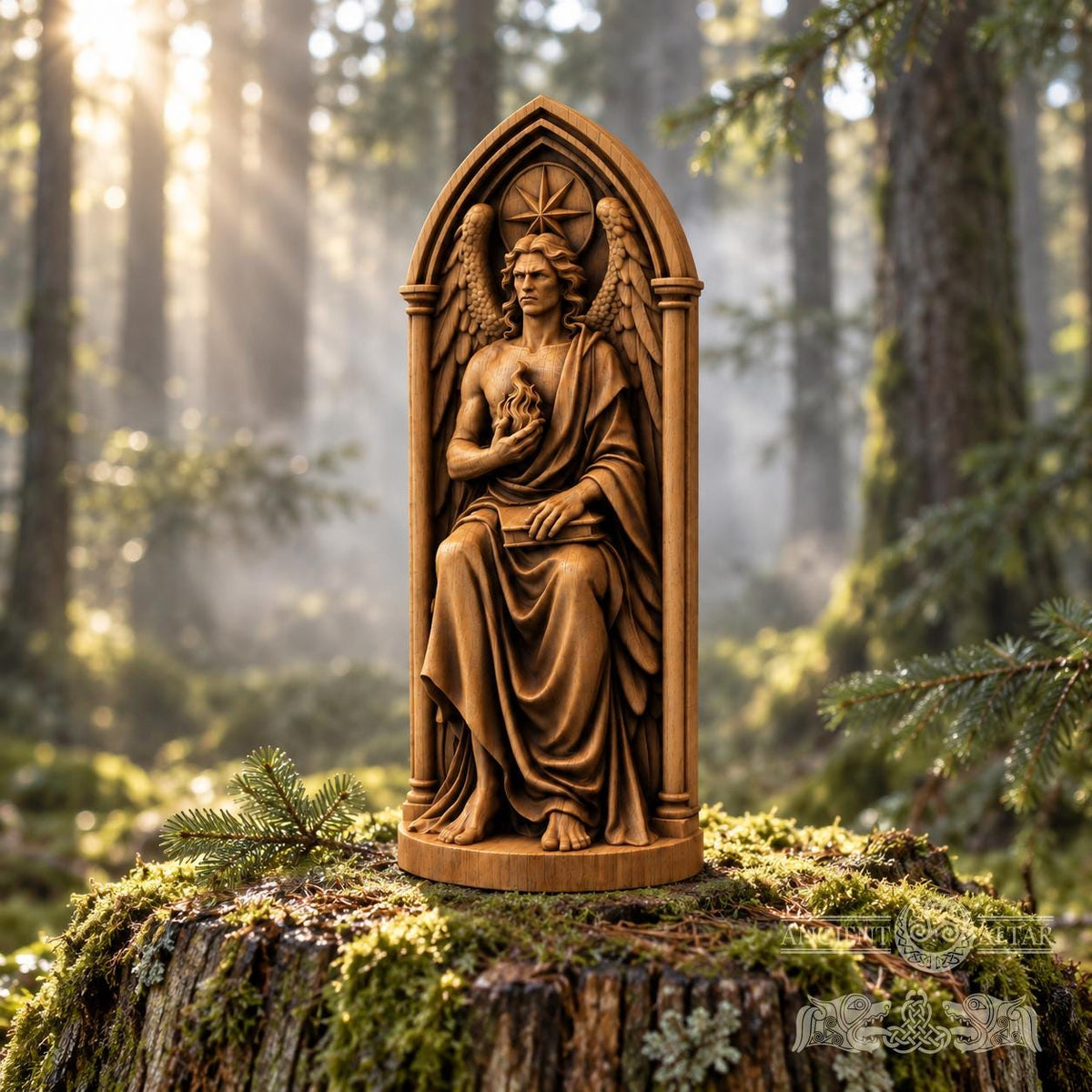 Lucifer Light Bearer Statue, Winged Torch Holder in Solid Oak, Morning Star Sculpture, Gothic Altar Decor, Occult Gift