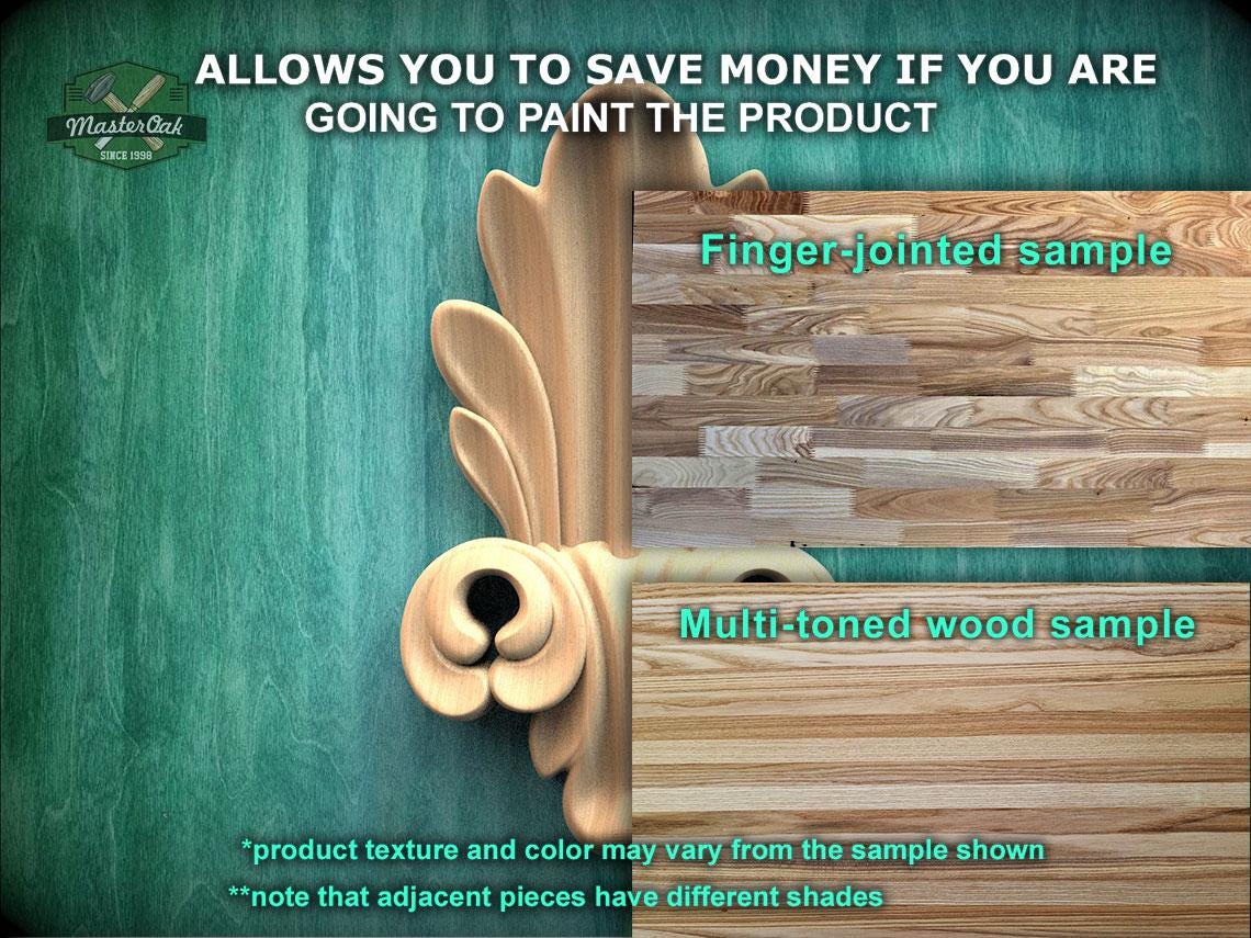 The image is a collage of three different wood samples, each with a different texture and color, showcasing the variety of multi-toned wood. The text in the image provides information about the samples, including that they allow for savings if the product is painted, and that the product texture and color may vary from the sample shown. The text also mentions that adjacent pieces have different shades.