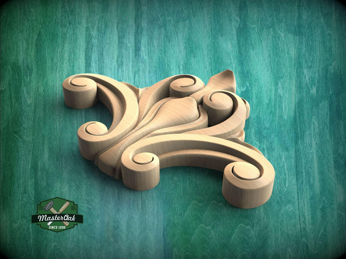 A wooden carving of a stylized flower or floral design is displayed against a green background.