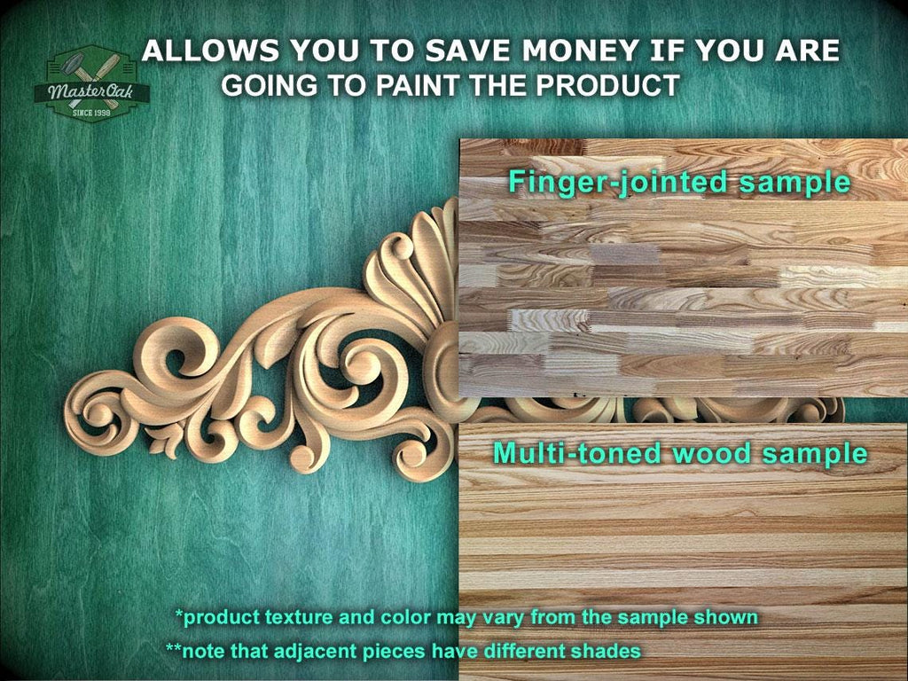The image is an advertisement for Master Oak's paint product, featuring a close-up of a wooden panel with a decorative design and a sample of the product.