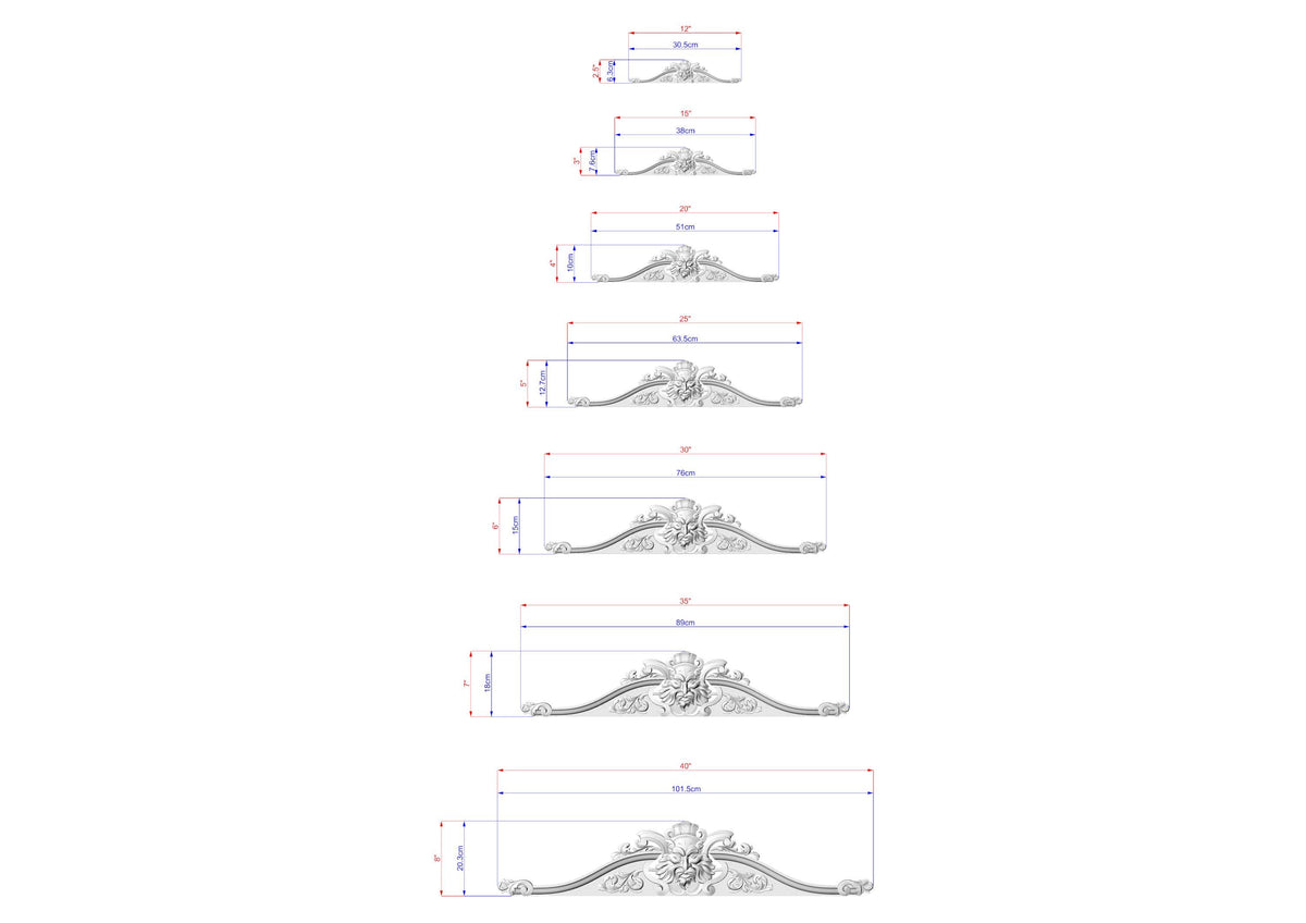 a series of six different designs or patterns, each accompanied by a corresponding measurement in centimeters. The designs are arranged in a vertical column, with each design being slightly larger than the one below it. The measurements are provided in both red and blue, indicating the size of each design.