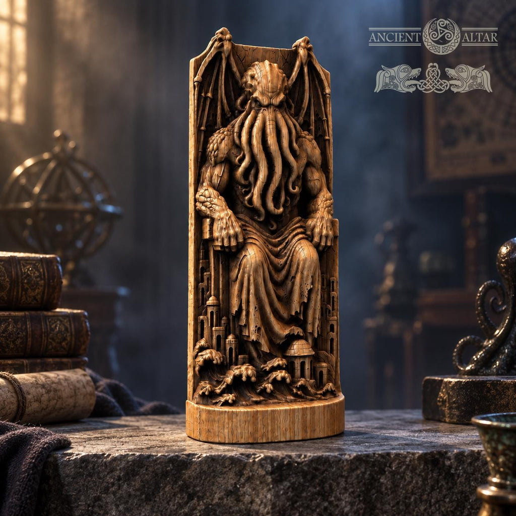 Cthulhu Throne Statue, Wooden Lovecraftian Monster Figurine, R’lyeh Cosmic Horror Decor, Gothic Altar Sculpture, Dark Fantasy Gift