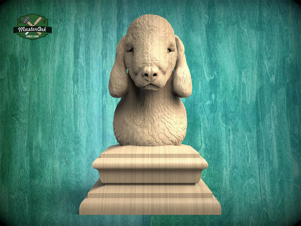 A 3D rendering of a wooden sculpture of a dog's head, sitting on a wooden pedestal against a teal background.
