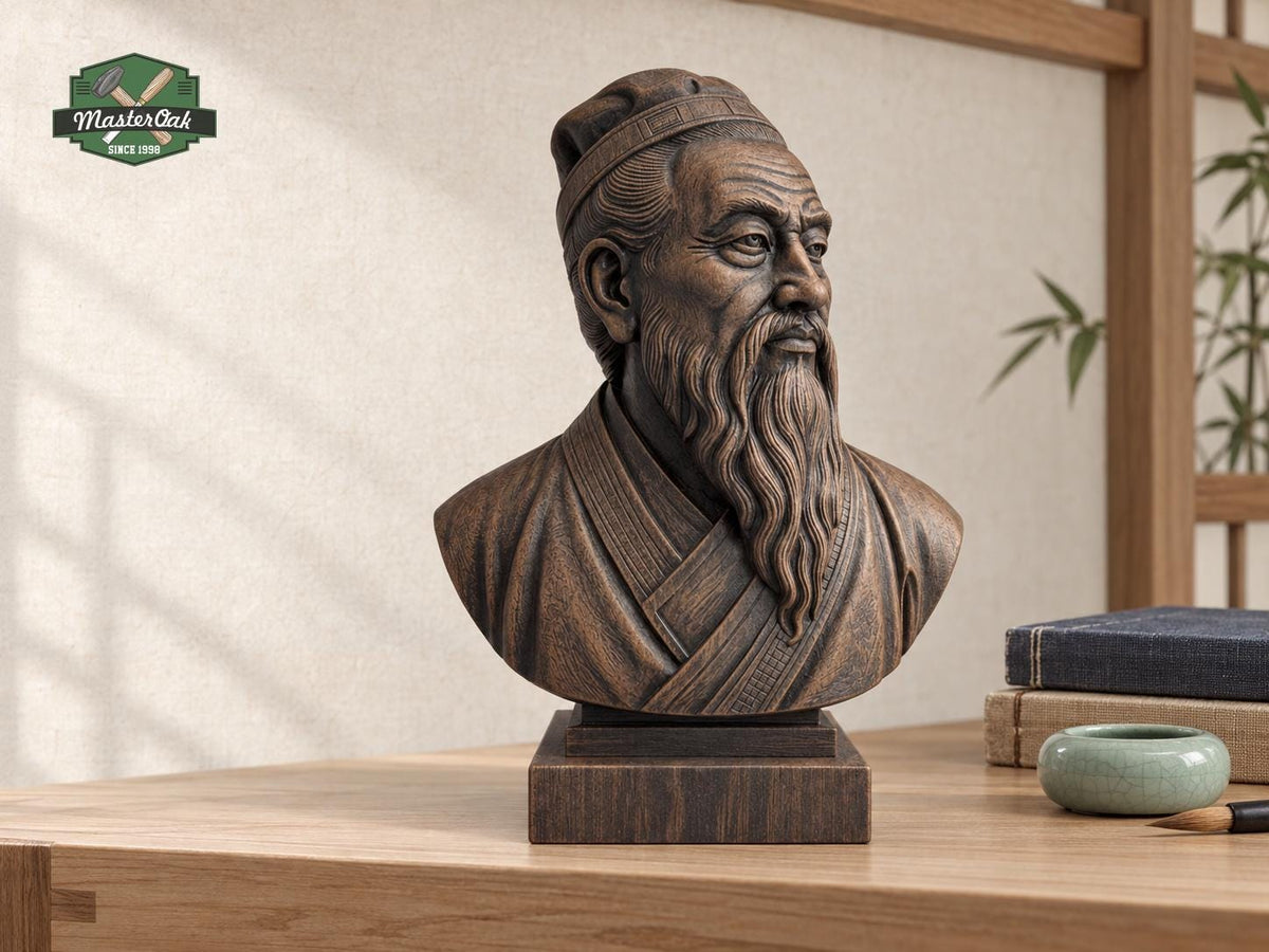 Confucius Bust | Carved & Hand-Finished Wood Statue | Chinese Philosophy Decor