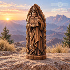 Moses Statue with Rocky Backdrop, Oak Wood Ten Commandments Sculpture, Biblical Prophet Figurine, Judaica Decor, Religious Gift
