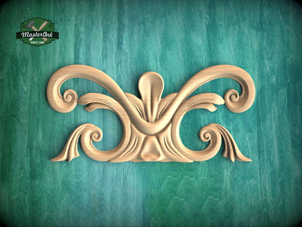 a decorative wooden carving on a green background.