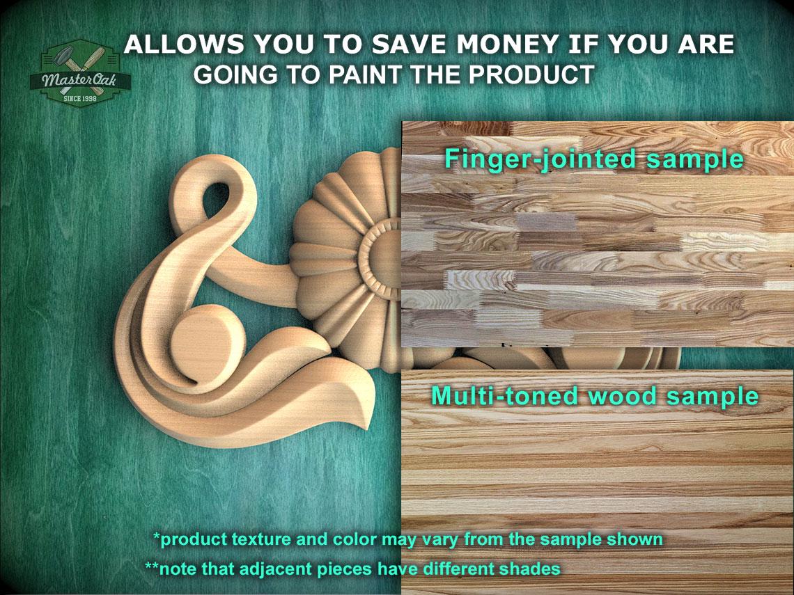 The image is a promotional advertisement for Master Oak, a company that specializes in painting products. It features a close-up of a wooden sample with a finger-jointed design and a multi-toned wood sample, along with text that provides information about the products.