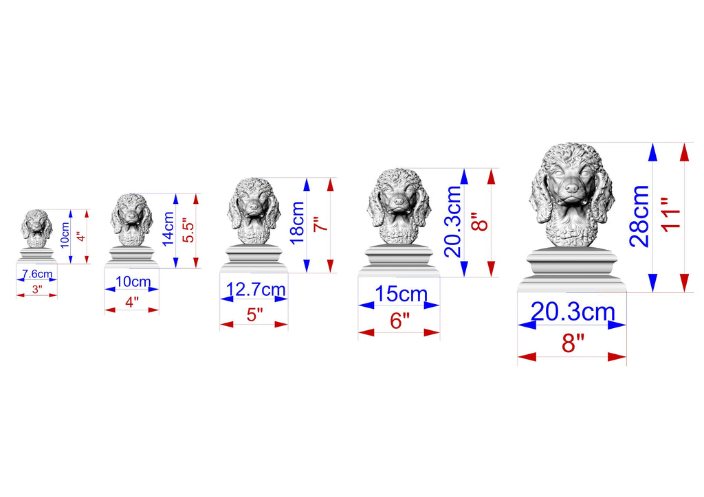 A series of images depicting the size of a sculpture, ranging from 7 cm to 28 cm in height.
