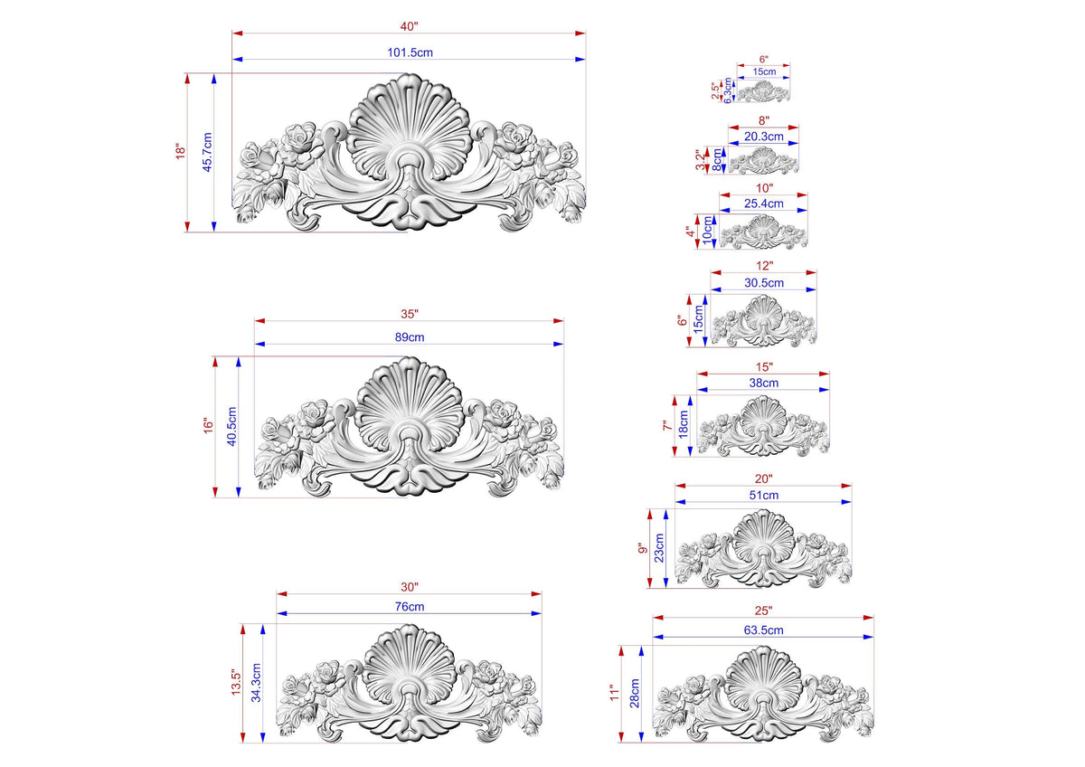 Seashell and Rosebud Symphony Wood Carving, Roses and Shell Carved Applique, 1 pc, Unpainted, decorative wood onlay