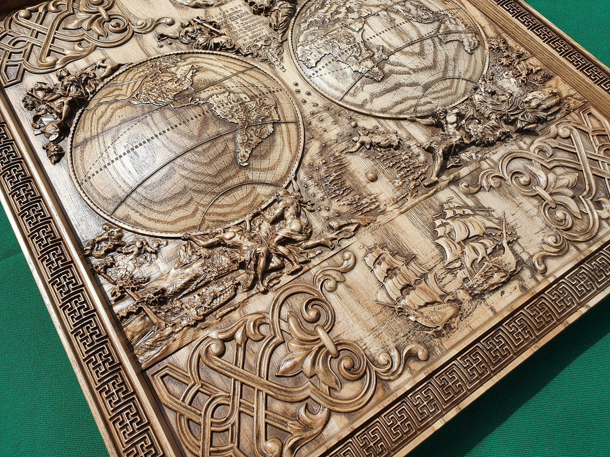 Antique map of the world made of wood, wood map wall art, carved map of wood, wall decor carving  - 19.7x18" / 50x46cm