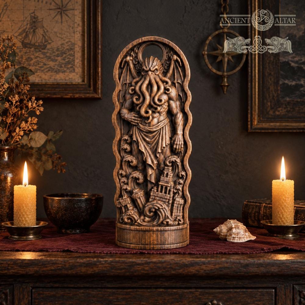Cthulhu Wooden Statue, Lovecraftian Cosmic Horror Sculpture, Eldritch Altar Decor, Gothic Oak Figurine, Horror Lover Gift