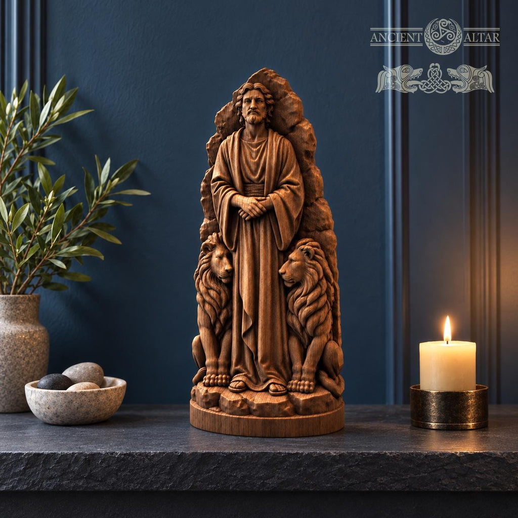 Daniel in the Lions Den Statue, Solid Oak Biblical Sculpture, Prophet with Two Lions, Judaica Home Decor, Religious Gift