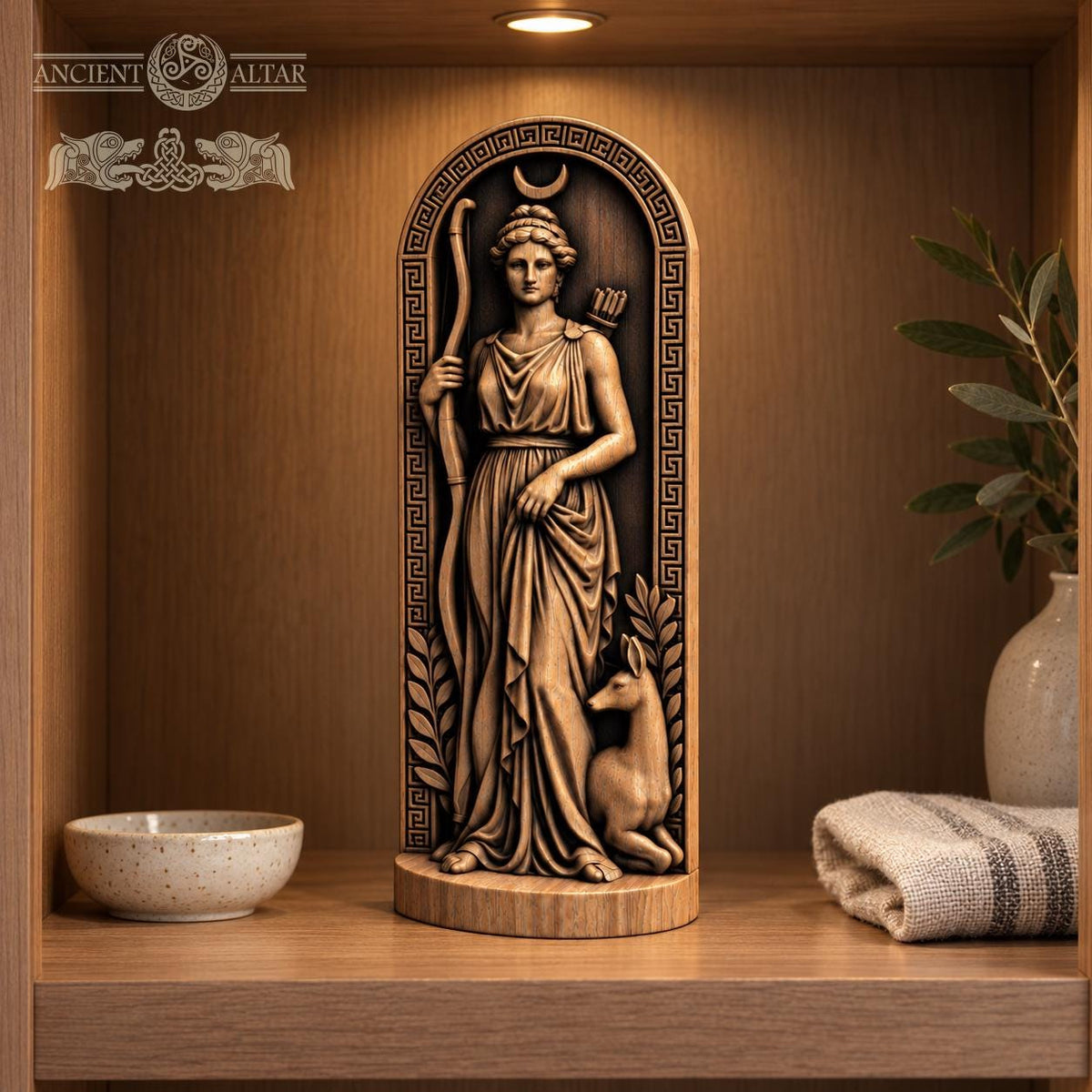 Artemis Wooden Statue with Deer, Greek Goddess of the Hunt Figurine, Moon Altar Decor, Ancient Mythology Sculpture, Pagan Gift