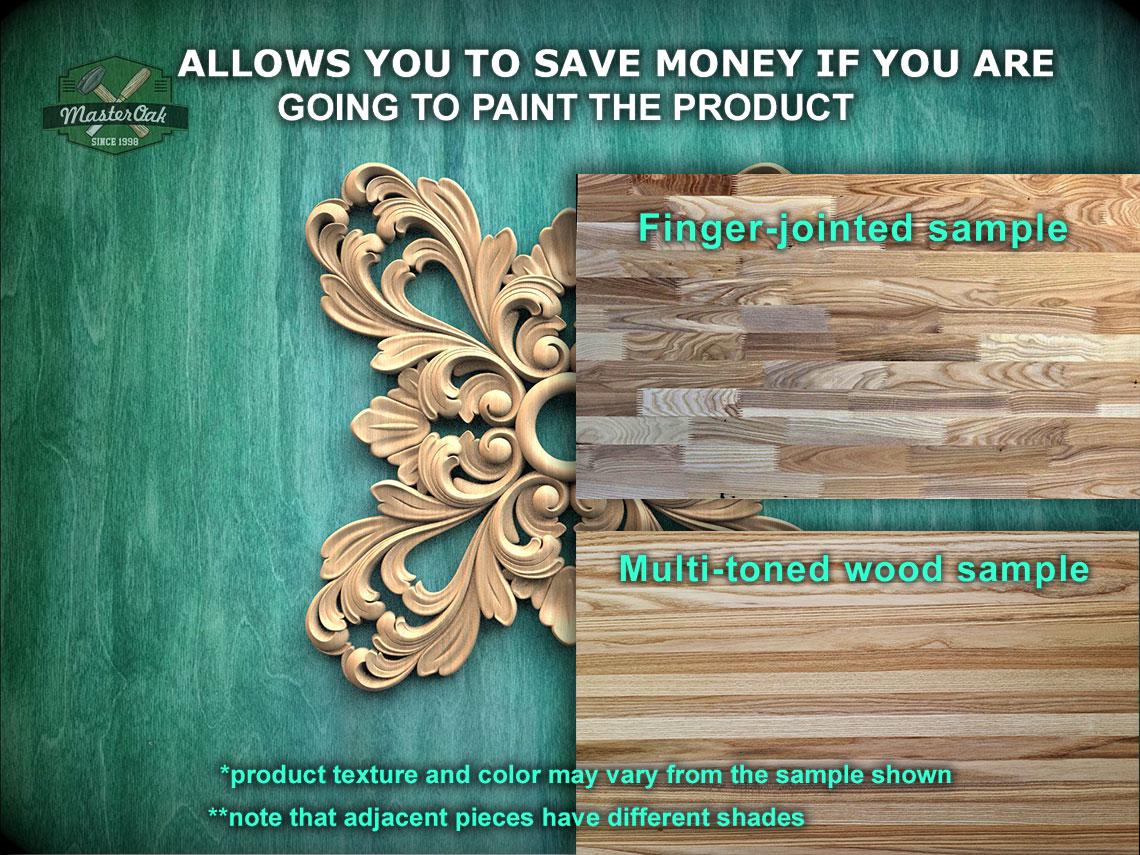 The image is a promotional advertisement for Master Oak Paint, showcasing two samples of their paint products. The left sample is a finger-joined wood sample, while the right sample is a multi-toned wood sample. The text on the image indicates that the product texture and color may vary from the sample shown, and that adjacent pieces have different shades.