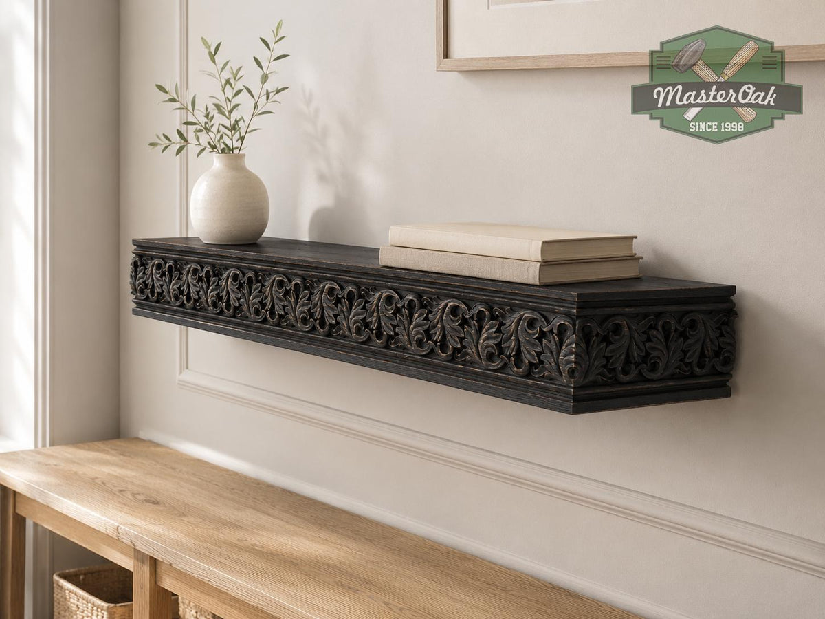Carved Solid Oak Fireplace Mantel Shelf with Acanthus Leaves, Ornate Floating Wall Shelf, Classical Wood Home Decor