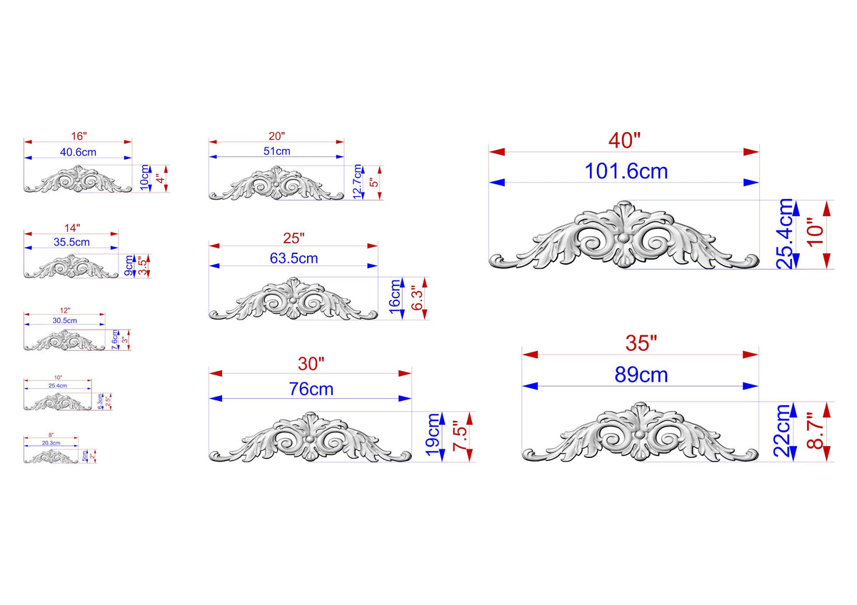 a series of ornamental designs, each with its own size and dimensions. The designs are depicted in various sizes, ranging from small to large, and are labeled with their respective measurements. The image is a collection of different designs, each with its own unique size and scale.