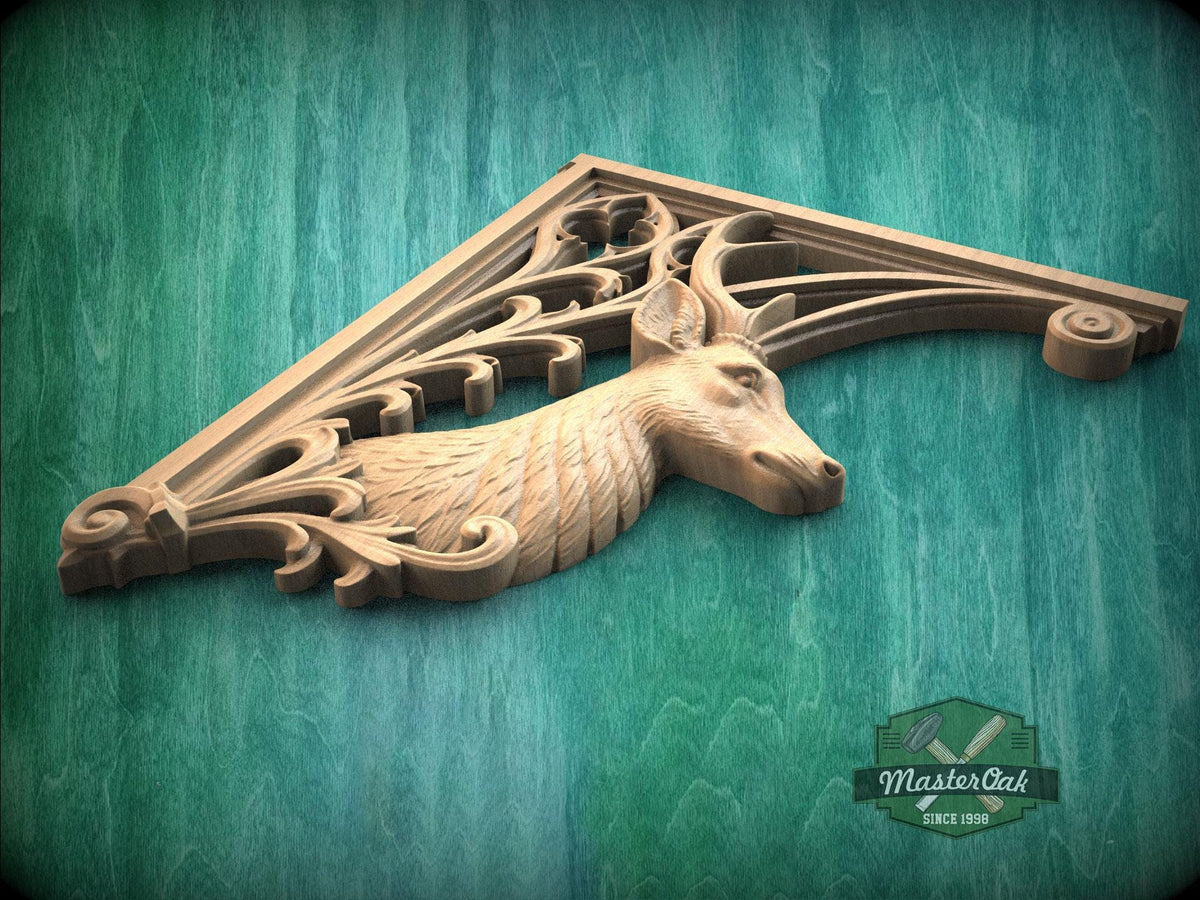 Carved Wood Deer Corner Onlays, Mirrored Pair with Antlers and Gothic Scrollwork